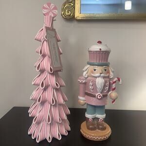 Cupcake & Cashmere Pink Christmas Peppermint Tree & Nutcracker Holiday Decor NEW